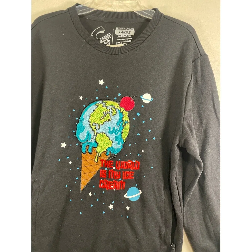Civilized Mens Black Ice Cream Earth Graphic Crewneck Sweatshirt CV2205 Large‎